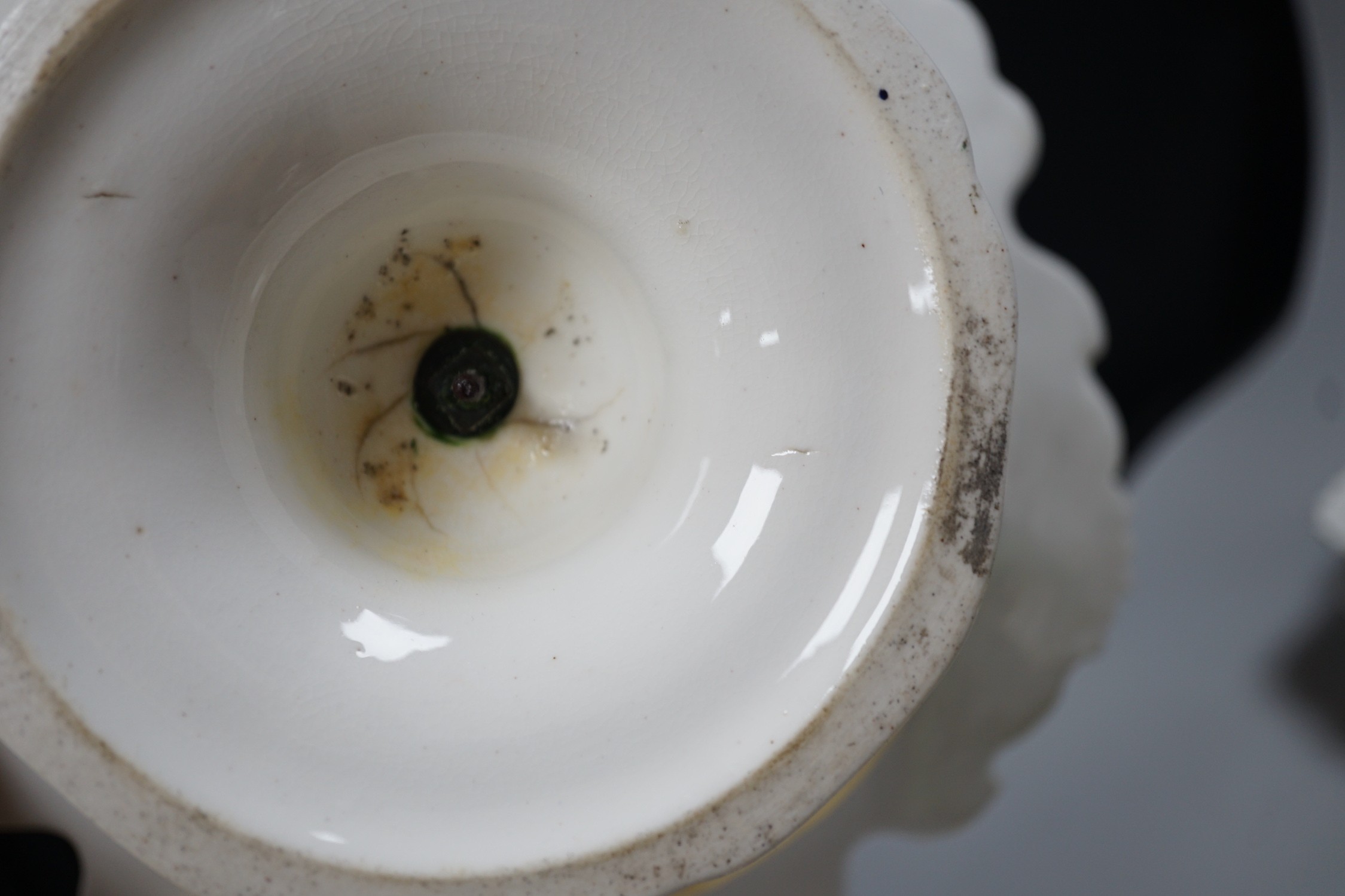 An English porcelain two handled pierced pedestal dish, c.1840 and 19th century English tea and dessert wares, dish 35cms wide